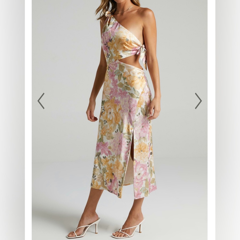 Floral One-Shoulder Cutout Midi Dress in Pastel Pink and Yellow